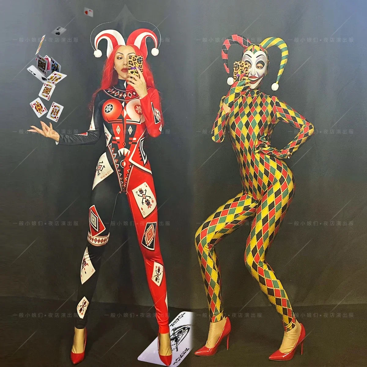 Halloween Oscars Opening Men's and Women's Poker Magic Clown Jumpsuit Stage Performance Costume Two-piece Set