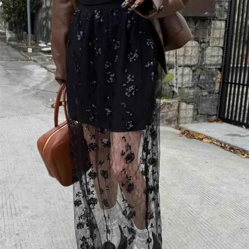 

Deeptown Elegant See-through Black Skirt Tulle Vintage Lace Fashion Sexy Mid Skirt Mesh Korean Style Streetwear A-line Skirts