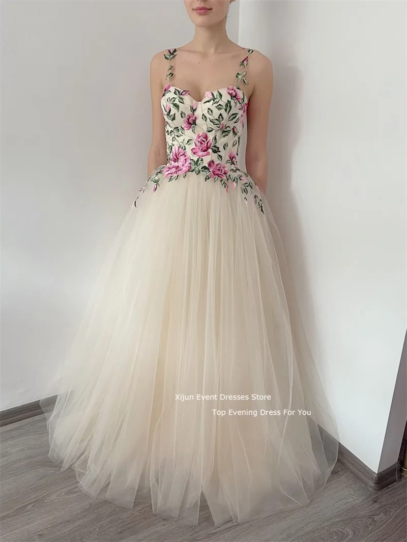 Xijun Tulle Wedding Dress A Line Spaghetti Strap Bride Dresses Evening Dress With Embroidery Flower Boho Party Dress Prom Gown