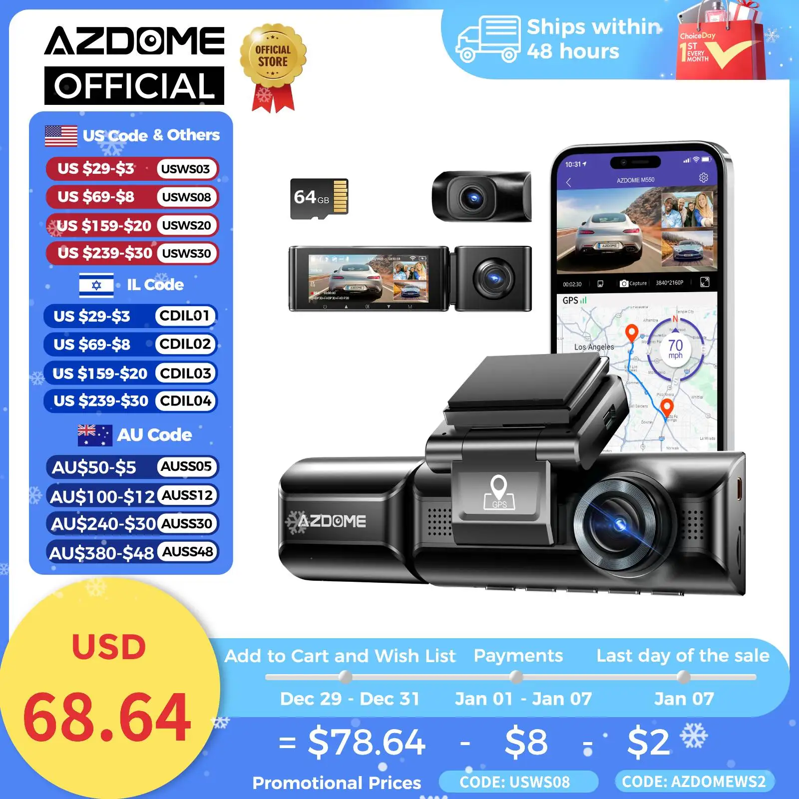 AZDOME Dash Cam M550 4K+1080P Built-in GPS WiFi Car Dash Camera Front Inside Rear 3 Way IR Night Vision Car DVR Support Rear Cam