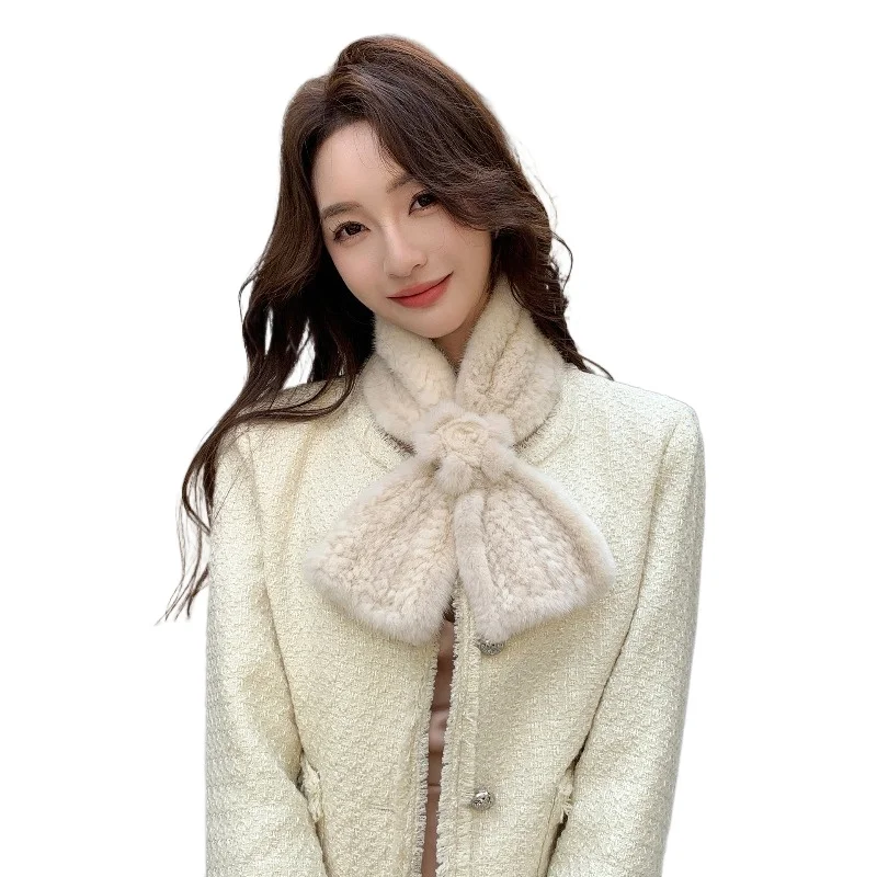 

Autumn and winter fur scarf female Korean version elegant flower mink hair double-sided woven scarf solid color real fur collar