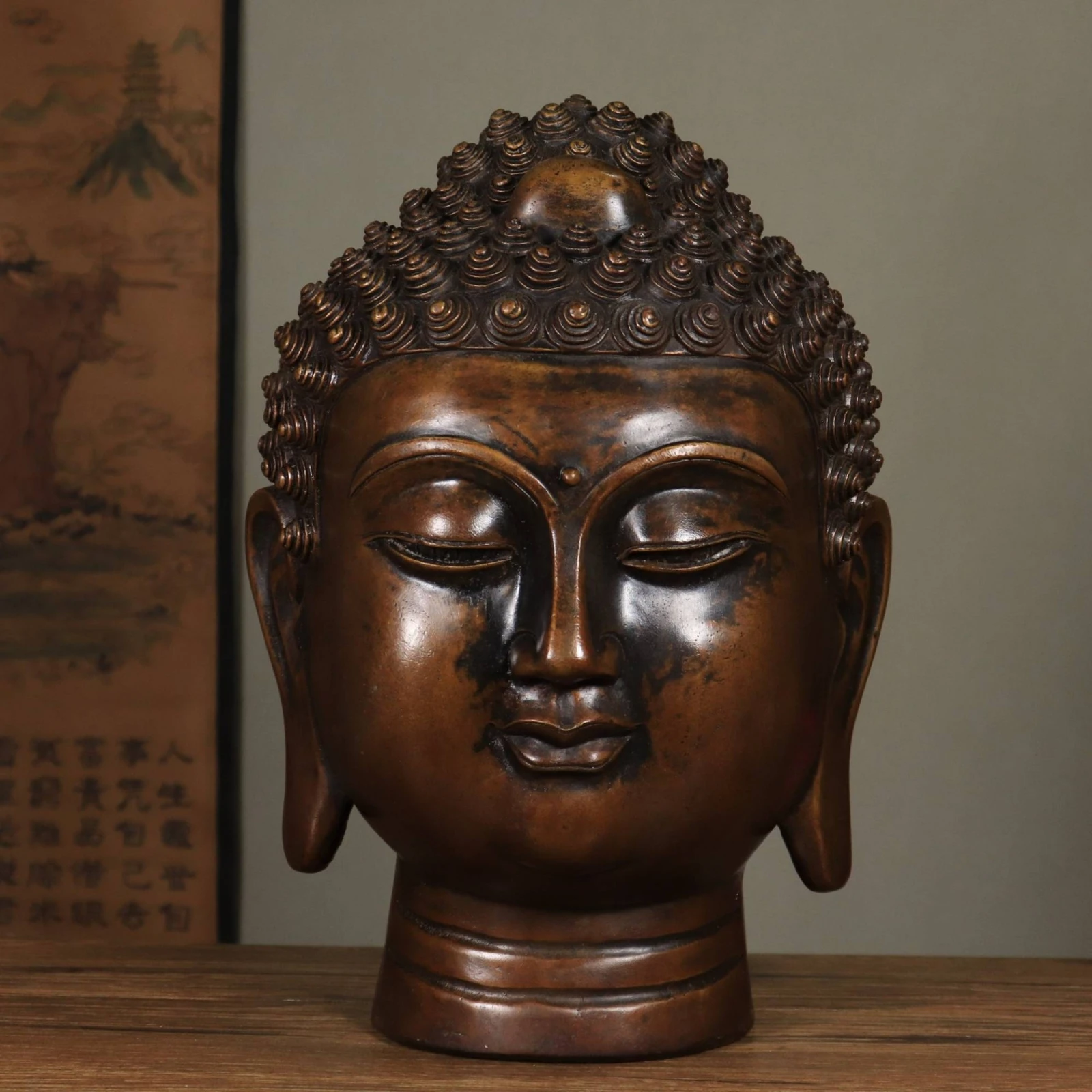 Home Decor Buddha Bust Pure Copper Large Ornament Bronze-brown Finish Sculpture for Indoor Shelf Entryway