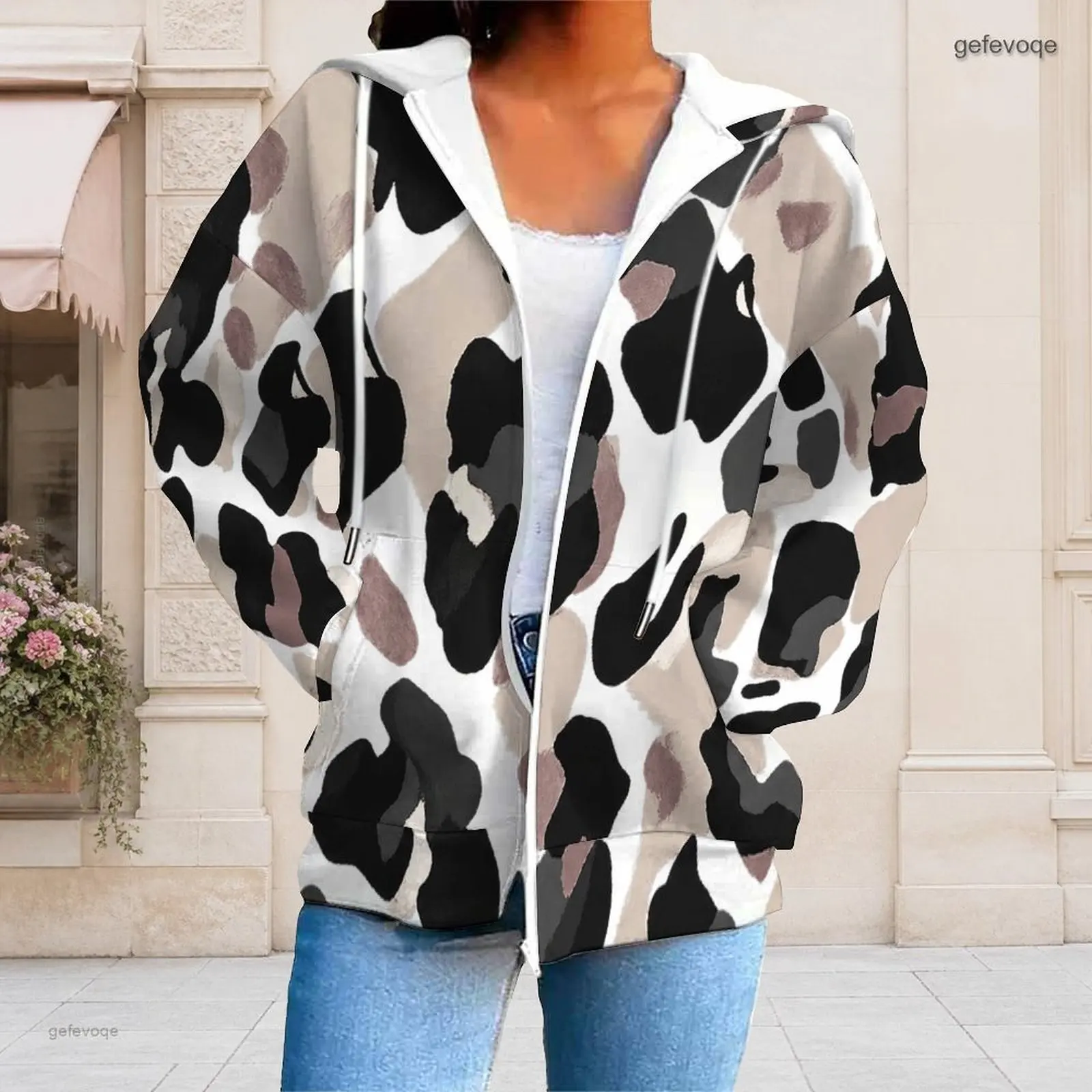 Autumn Graphic Print Plus Size Outwear For Women Hooded Chic Plus Size Clothes Cozy Womens Clothing For Daily Walk