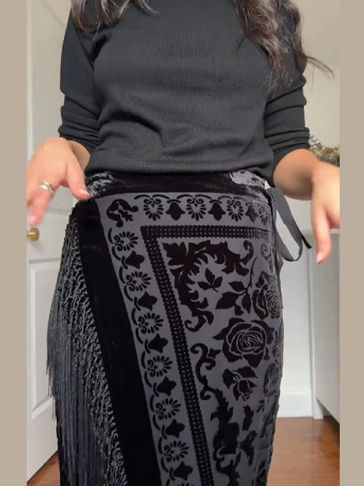 Vrouwen Elegante Fluwelen Gesplitste Kwastje Rok Vintage Bloemen Gedrukt Lange Rokken Commuter Casual Kleding 2026 Nieuwe Dame Streetwears