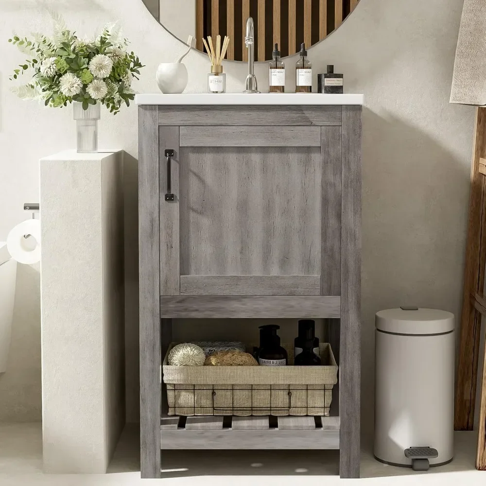 

16" Farmhouse Bathroom Vanity with Sink, Freestanding Small Bathroom Vanity Storage Cabinet with Open Shelf, Solid