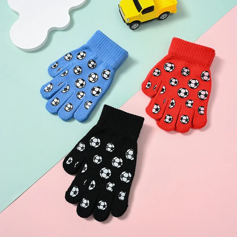 Kids Football Print Knit Gloves Autum Winter Boys Girls Daily Wear Elastic Cartoon Soccer School Gloves Children Age 4‑8 Years