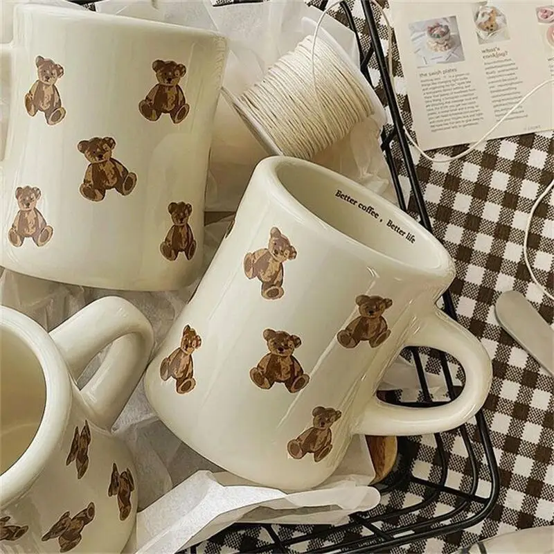 Taza de cerámica Teddy Bar con asa, taza coreana para crema, leche, café, desayuno, cintura, taza para el hogar