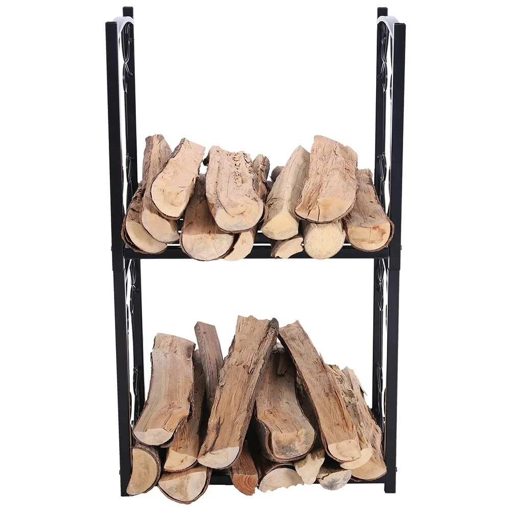 رف سجل الحطب الداخلي/الخارجي - حامل تخزين الموقد الفولاذي من خشب النار