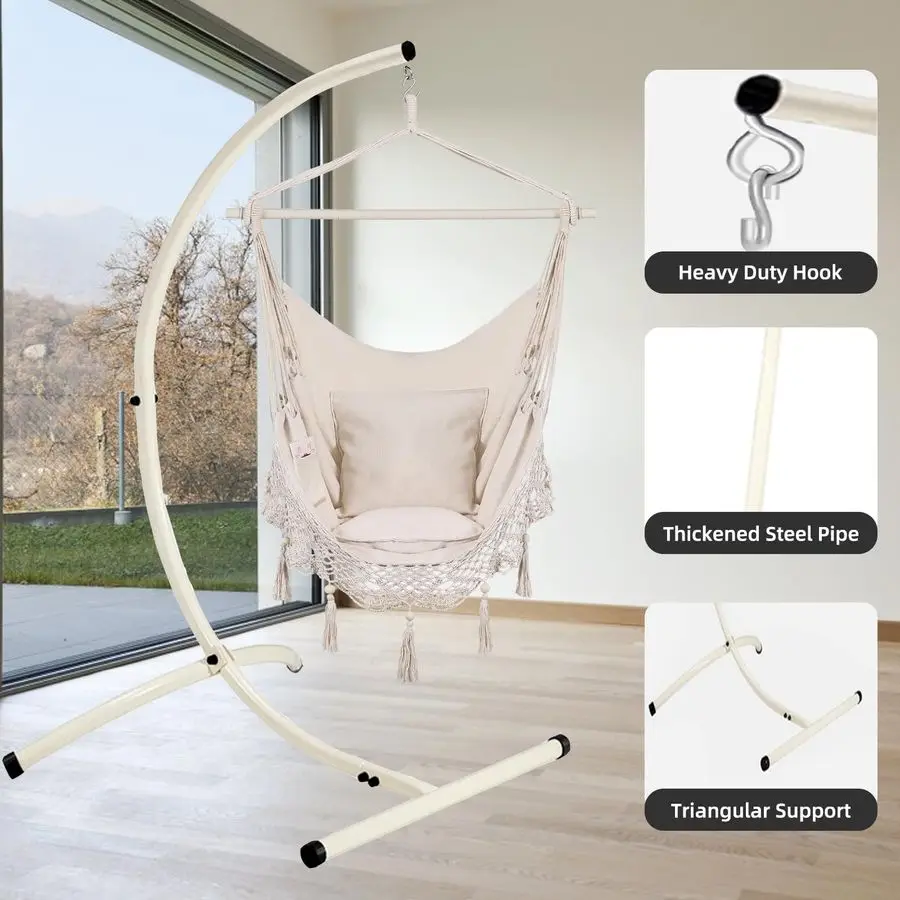 ハンモックチェアスタンドのみ、ハンギングスイングエッグチェアスタンドフレームホルダー、屋内外用ヘビーデューティースチールCスタンド、最大耐荷重350