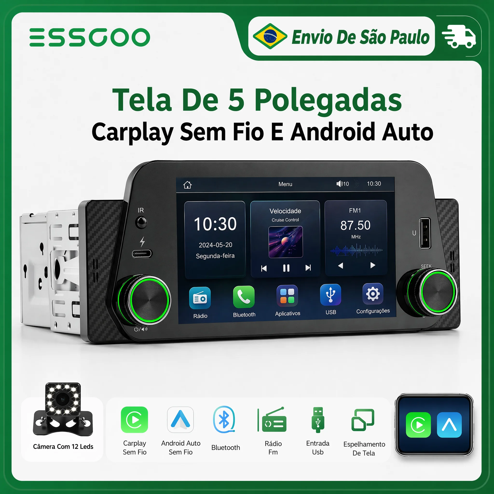Rádio Automotivo 5" CarPlay e Android Auto Sem Fio