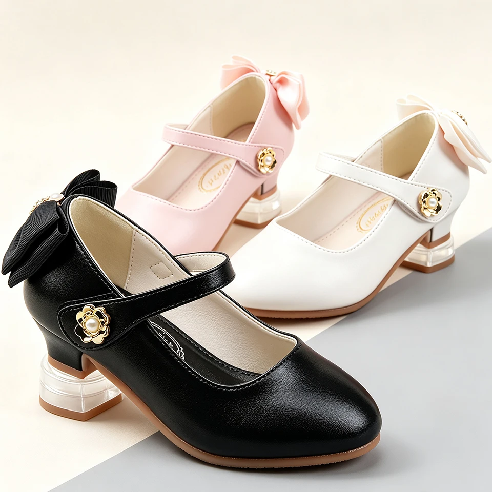 Elegant Girls Leather High Heels Mary Jane Shoes Formal Kids Bridesmaid Pageant School Uniform Graduation Church Easter Footwear