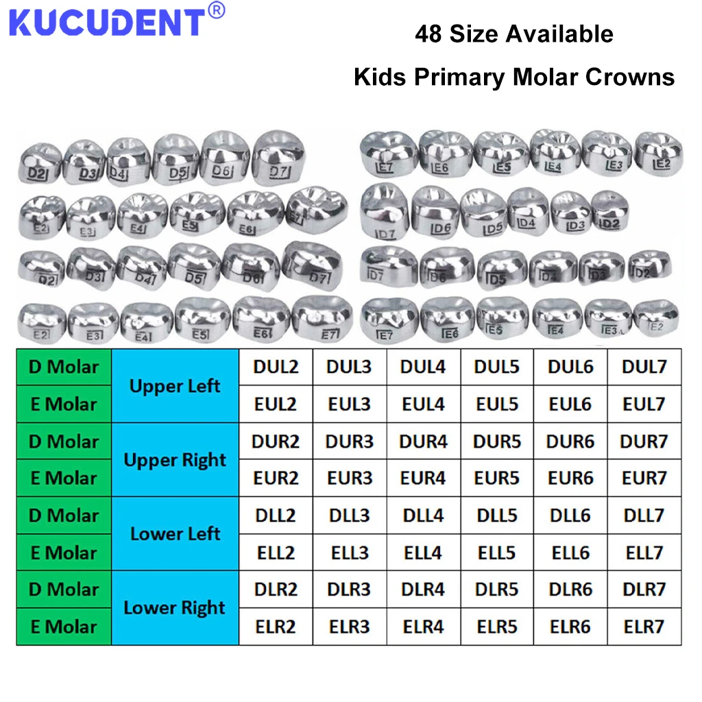 KUCUDENT5PCS تاج الأسنان للأطفال إعادة ملء المولي الأساسي الفولاذ المقاوم للصدأ التيجان مسبقة التشكيل UL-UR-LL-LR أسنان مولار كاملة الحجم للأطفال