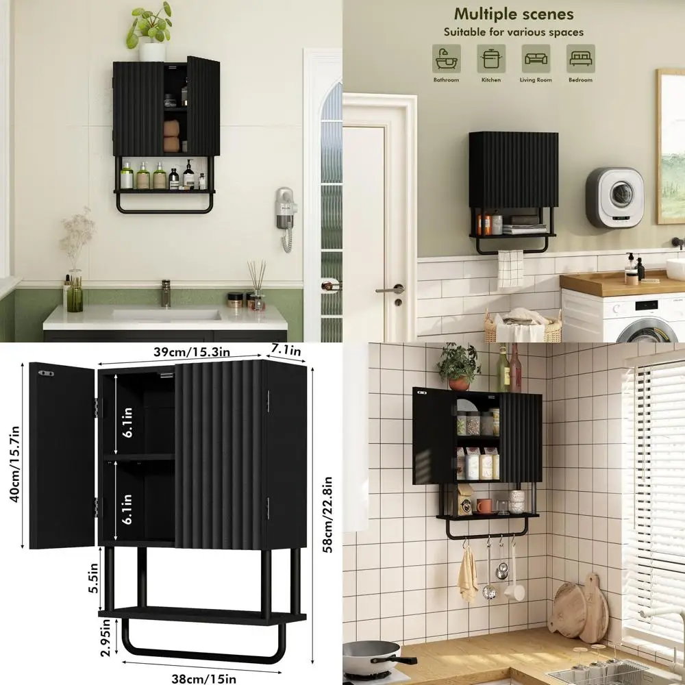 

Modern Farmhouse 3-Tier Bathroom Wall Cabinet with 2 Doors, Adjustable Shelf, Towel Bar & Over Toilet Storage (Black, Compact)