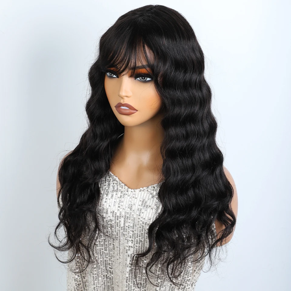 Sleek 22 Inch Human Hair Wigs For Women Body Wave Wigs With Bangs 100% Real Remy Brazilian Hair Wigs Ready To Wear Wigs