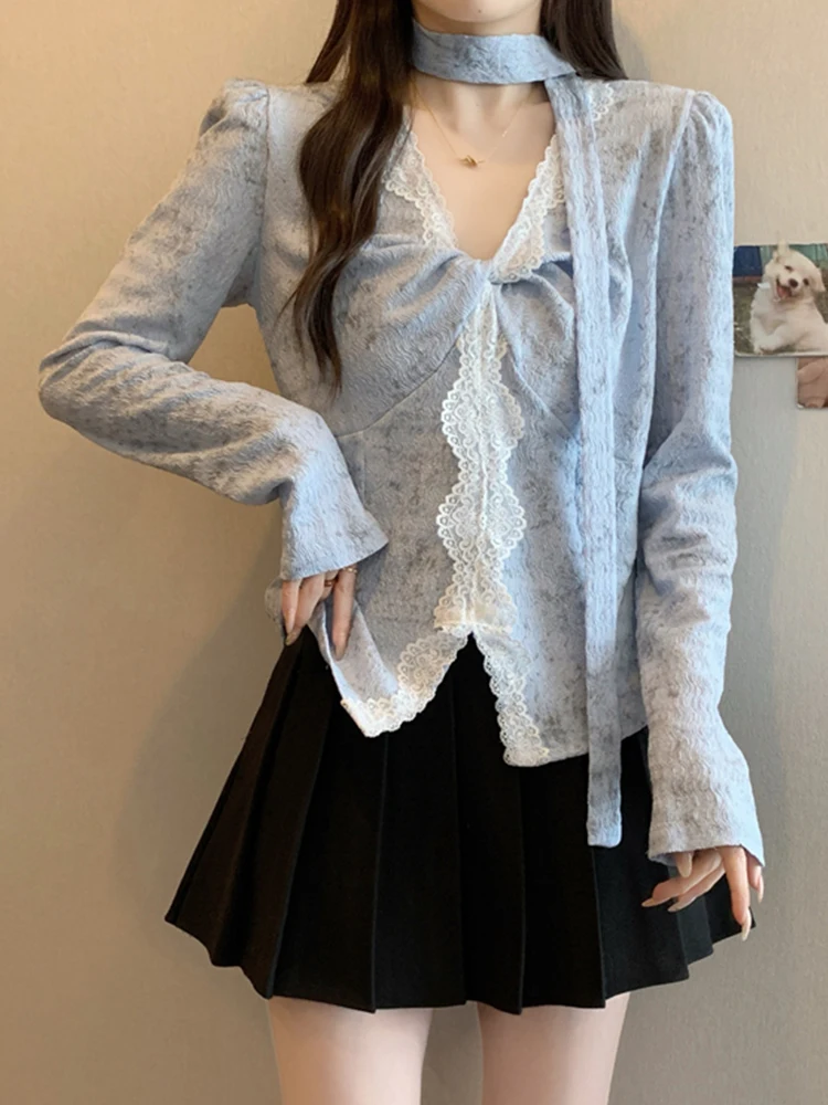 

Sweet Lightweight V-ne Tied Long Sve irt Women's Spring plus Size Ele Casual Sle Slimming Effect Pure Color