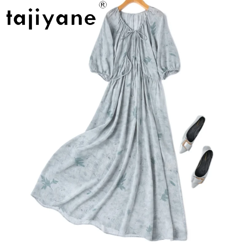 

TAJIYANE 100% Mulberry Silk Dress Woman Summer 2025 Elegant Long Dresses Vacation V-neck Frocks Women Clothing платье женское