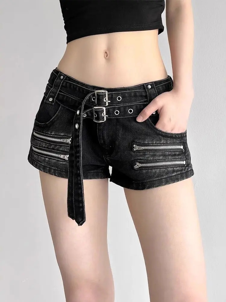 Retro Spice Girl Y2k Zipper Splicing Low Waist Slim Super Denim Shorts with Belt