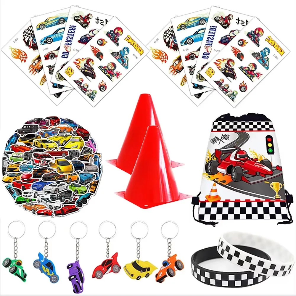 Rennwagen-Partygeschenke, Mini-Rennwagen, Schlüsselanhänger, Schlagarmband, Tattoo-Aufkleber, Strohhalme, Süßigkeitentüten, Füllstoffe, Rennwagen-Partyzubehör – Detail 1