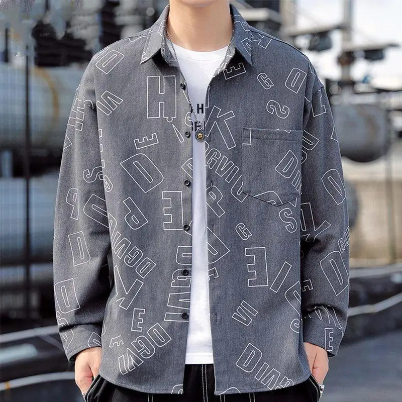 Boyfriend 2024 Spring Autumn New Patchwork Square Collar Button Printed Letter Pocket Fashion Loose Casual Long Sleeve Shirts