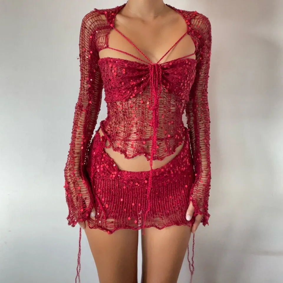 Sexy Crochet Knitted Dress 2 Piece Set for Women