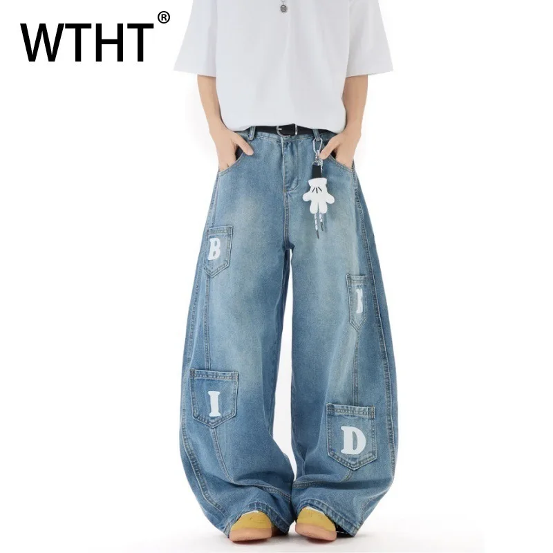

WTHT Fashion Men's Spliced Pockets Letter Print Denim Pants Vintage 2025 Summer High-waisted Wide Leg Loose Jeans Male 2A1335