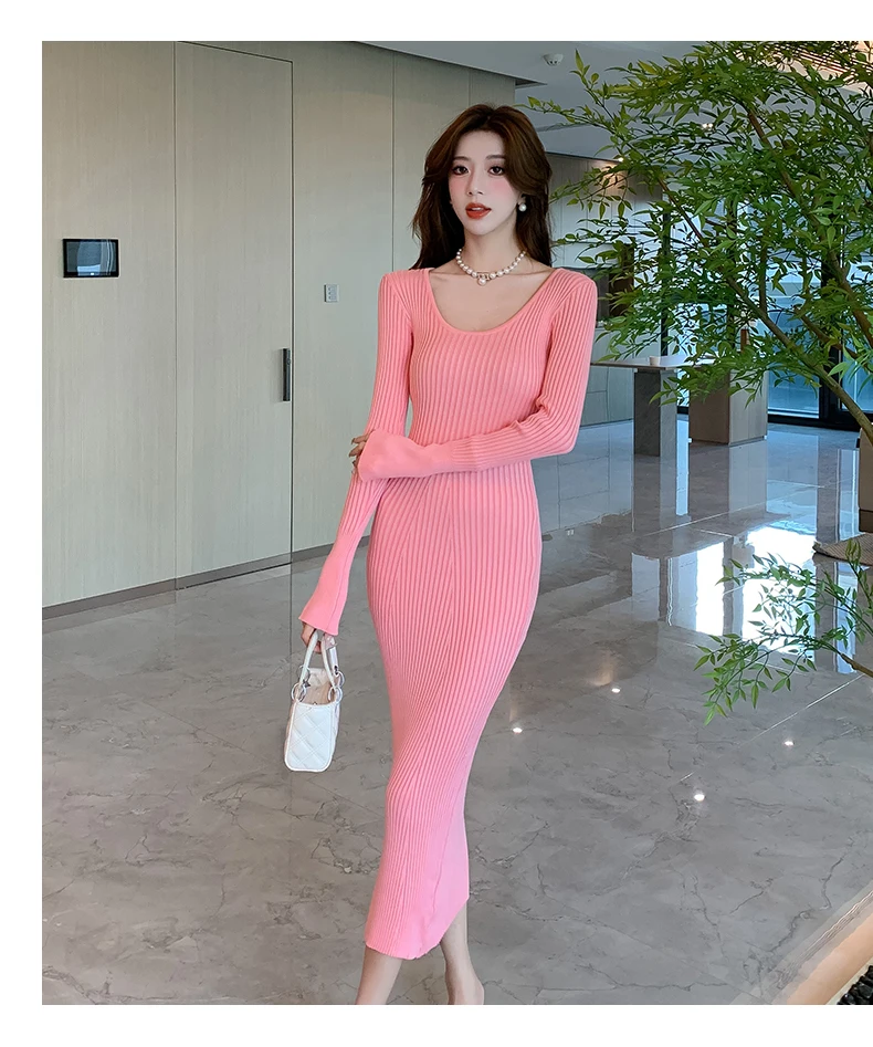 Langes Strickkleid für Damen 2026 Herbst Winter Neuerscheinung Langes Kleid mit Trompetenärmeln und V-Ausschnitt Koreanischer Stil Modisches Damenkleid – Detail 10