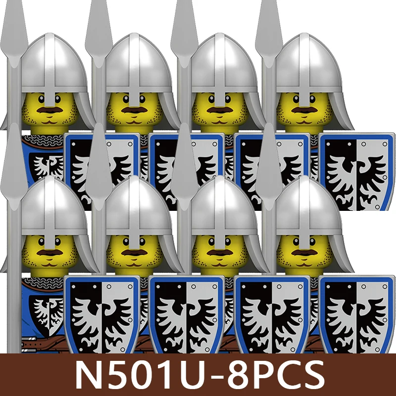 Medieval Castle UV Printed Soldier Figures Building Blocks Military Knight Warrior Spear Lion King Shield Accessories Bricks Toy view 2