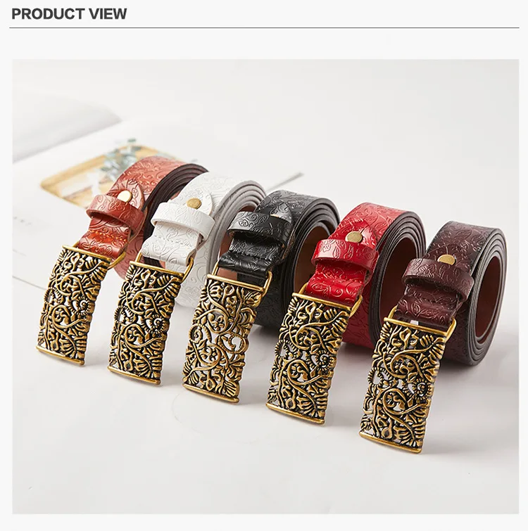 

Chinese Style Women's Belt Retro Two-layer Cowhide Embossing Process Smooth Buckle Luxury Belt Female