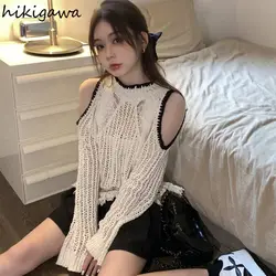 White Long Sleeve Pullovers Women Fashion Korean Jumper Pull Femme Off Shoulder Hollow Out Knitted Thin Sweater Casual Y2k Tops