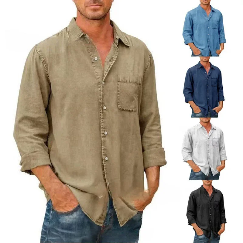 Men Spring Summer Shirt Solid Color Turndown Collar Button Pockets Long Sleeve Casual Fashion Comfortable Regular Standard Fit