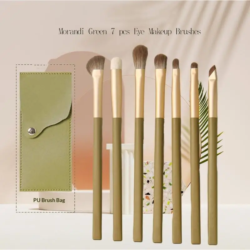 7 PCS Green Makeup Brushes Set Fluffy Eye Shadow Women Cosmetic Brush Eyeliner Eyelid Highlighter Beauty Soft Make Up Tools Bag