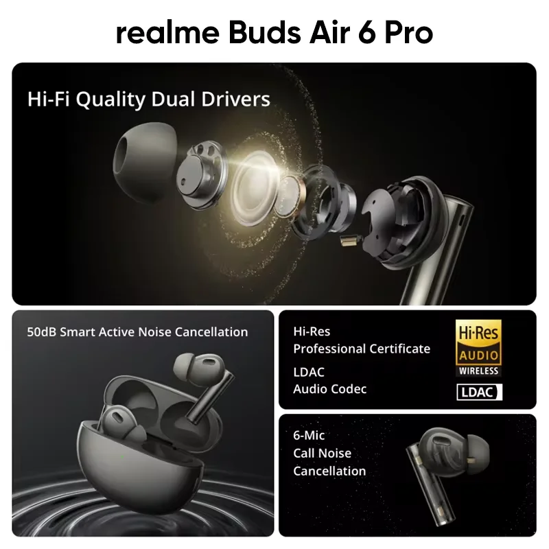 Global Version realme Buds Air 6 Pro Wireless Earphone 50dB Active Noise Cancellation Up to 40Hours Battery Life Headphone