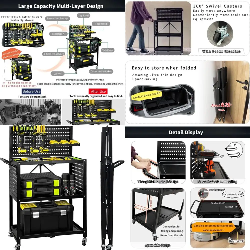 عربة أدوات دوارة شديدة التحمل مع لوح بيجبورد لتخزين وتنظيم أدوات المرآب