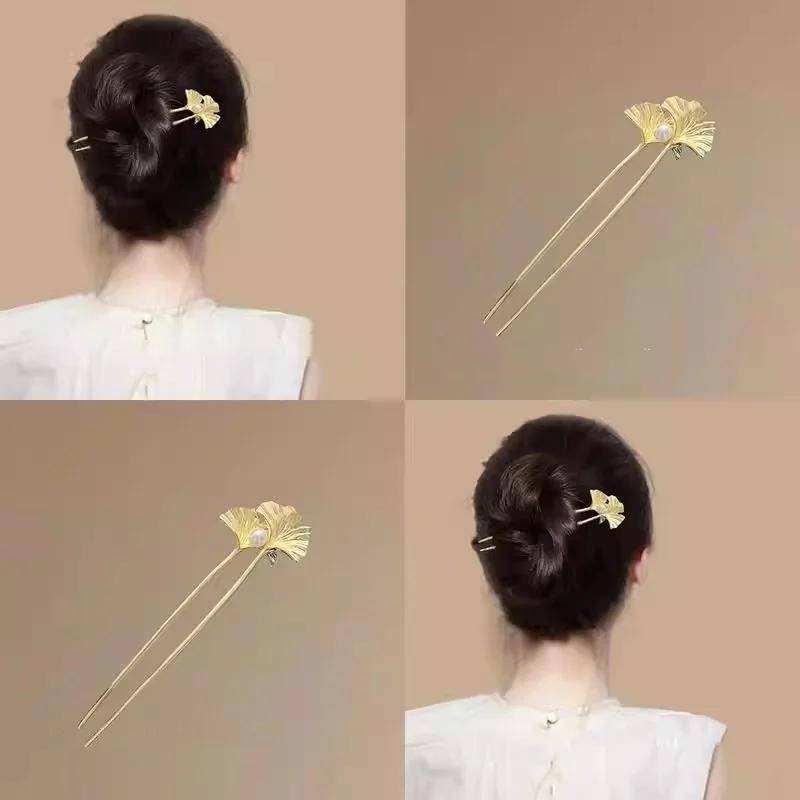 

Chinese Style Ginkgo Leaf Pearl U-Shaped Hairpin 2025 New Model New Chinese Style Ancient Style Cheongsam Hairpin