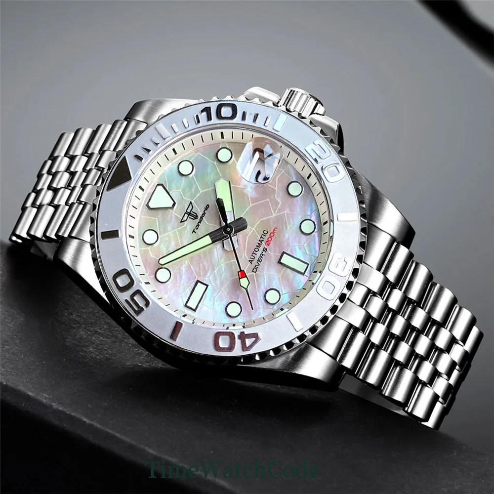 Tandorio Diver Automatic Watch for Men 40mm Mother of Pearl Dial Luminous Face NH35 20ATM 200M Waterproof Glide Lock Bracelet