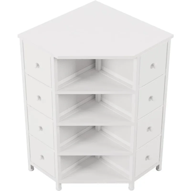 8-Drawer Corner Dresser with Wooden Top and Shelves (White)