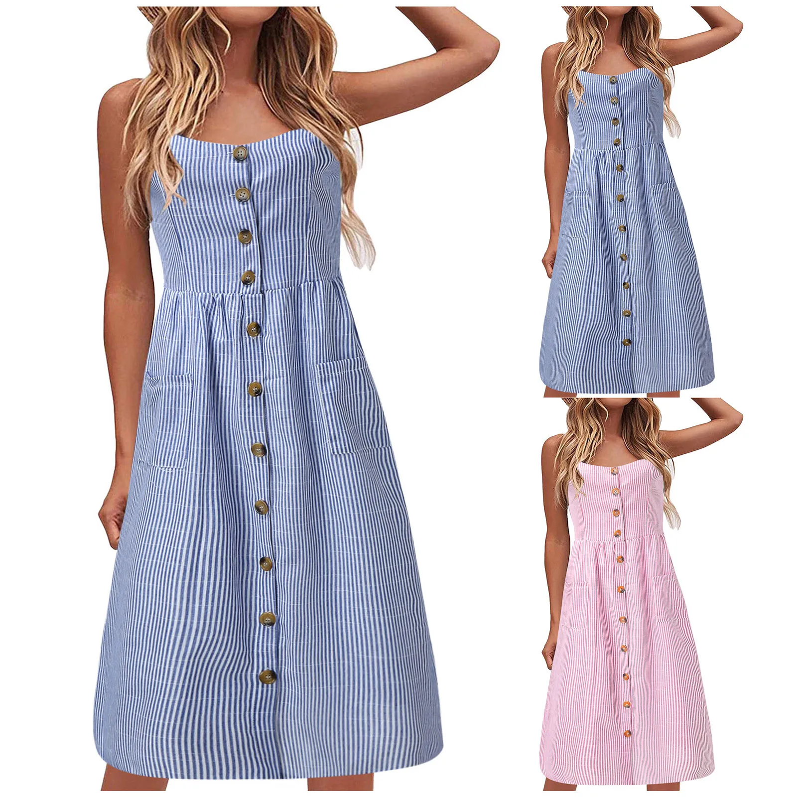 Sleeveless Strap Print Women Casual Dress Fashion Buttons Midi Female Elegant Sexy Dresses Party Night Holiday Vestidos