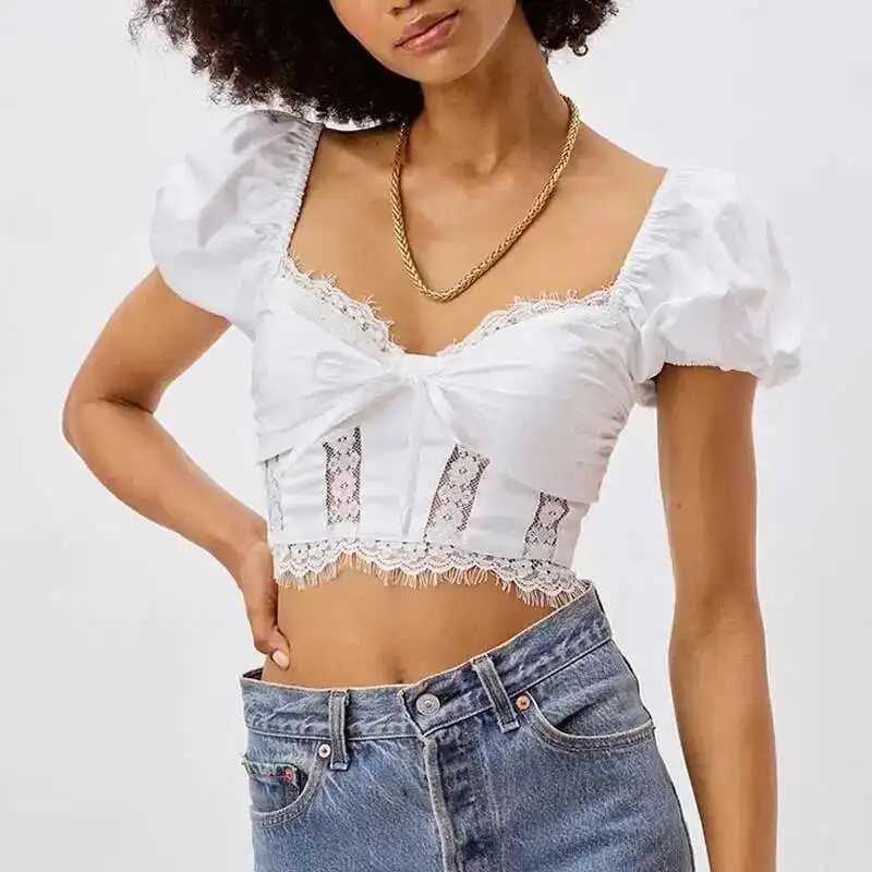 Boho Inspired White Lace Bow Tiend Smocked Back Sexy Blouse Summer New Women  BabYoung 2025 Hot Girl Crop Top