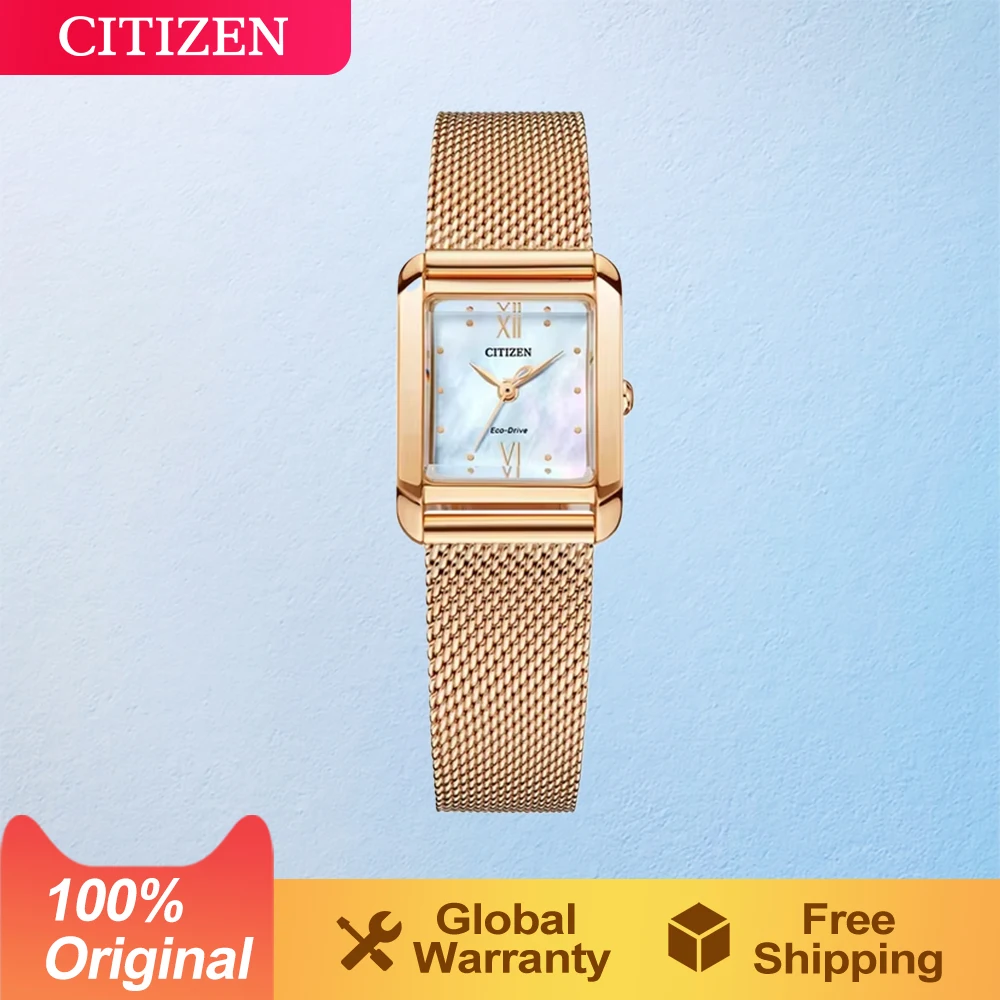 CITIZEN Original  Japan Watch  Girlfriend Light Kinetic Square Stainless Steel Fashion Business Casual Women\'s Watch Quicksand