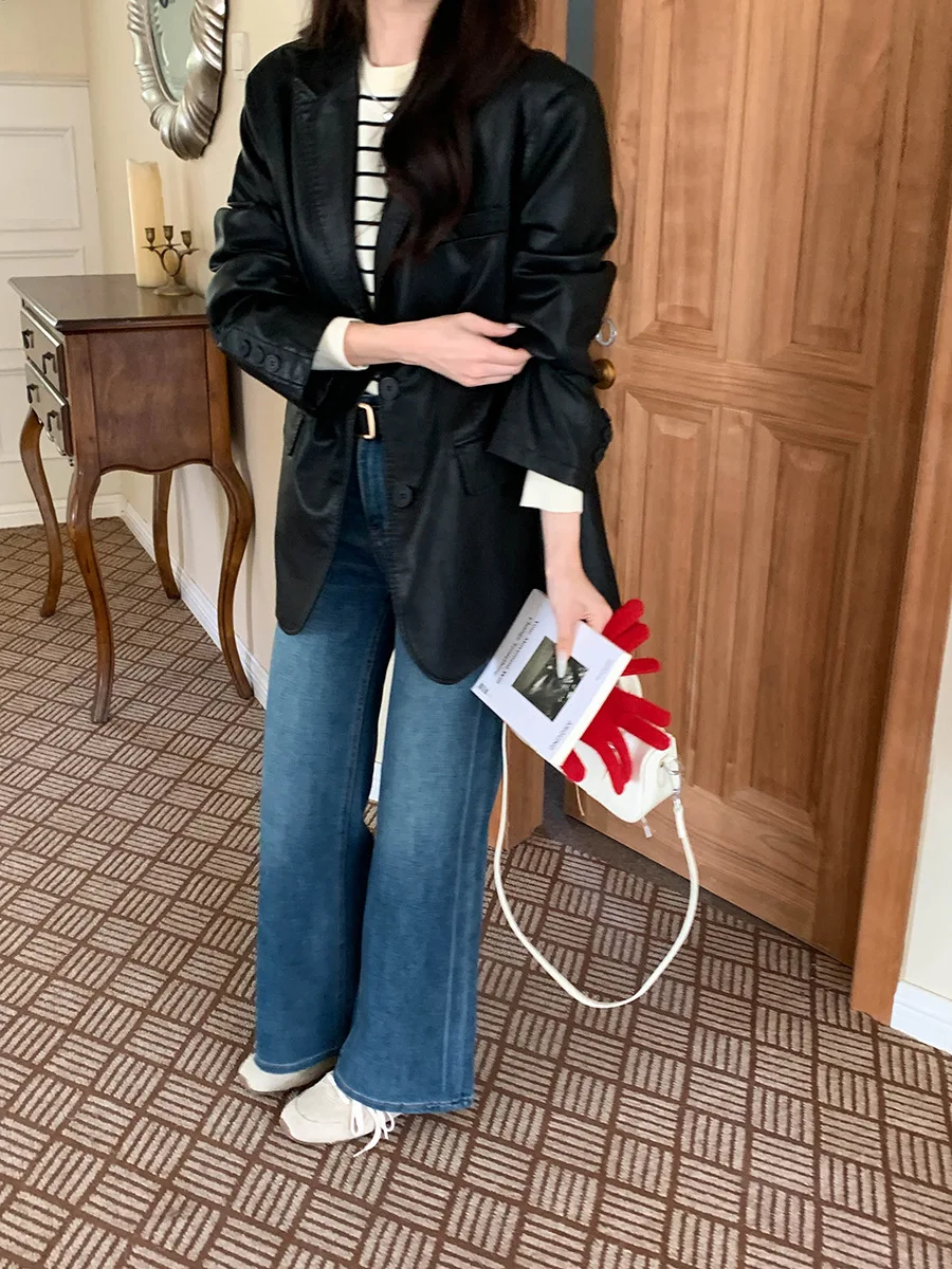 Women's Retro Loose Slim Fit Leather Jacket Autumn 2025 Casual Long Sleeve Coat Fashionable Outerwear