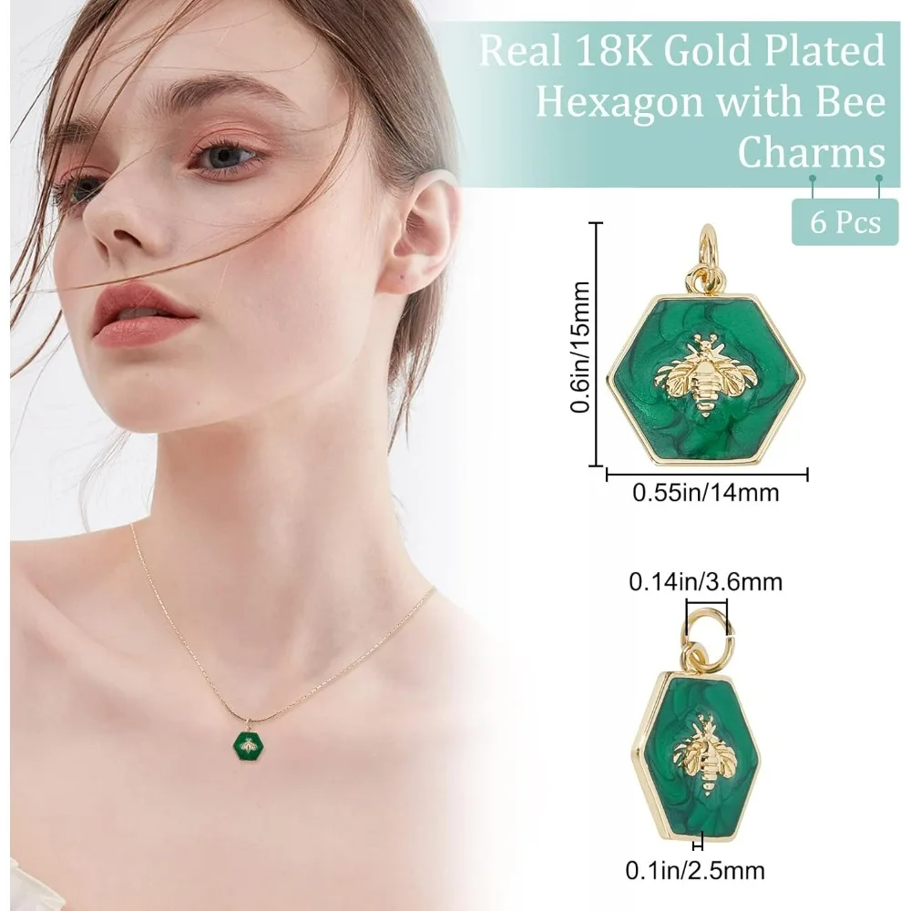 1 Box 6Pcs Hexagon Charms 18K Gold Plated Brass Bee Green Enamel Charm Pendants with Jump Ring for Jewelry Making Necklace