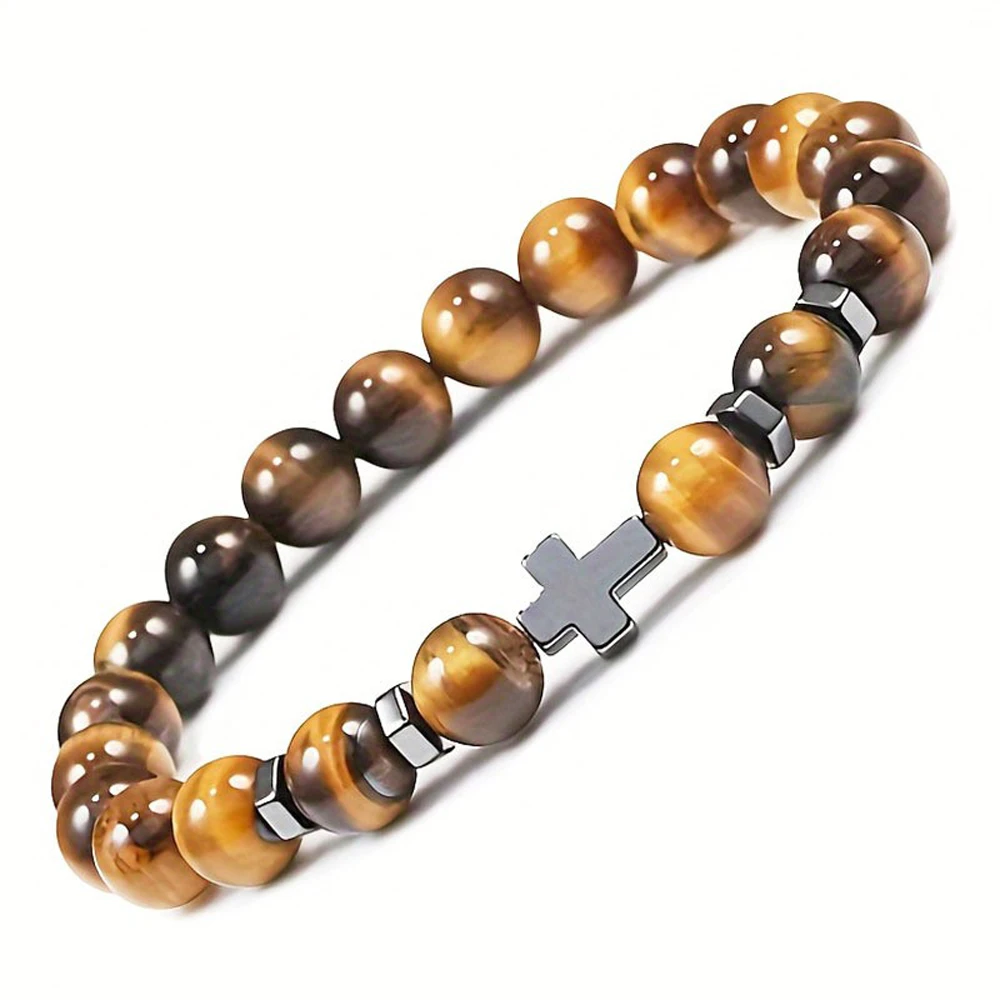 Pulsera de Piedras Naturales de 8mm, Piedra Volcánica, Piedra de Tigre, Pino Blanco, Piedra Negra, con Cuentas Cruzadas, para Hombre y Mujer, Joyería de Yoga, OFERTA