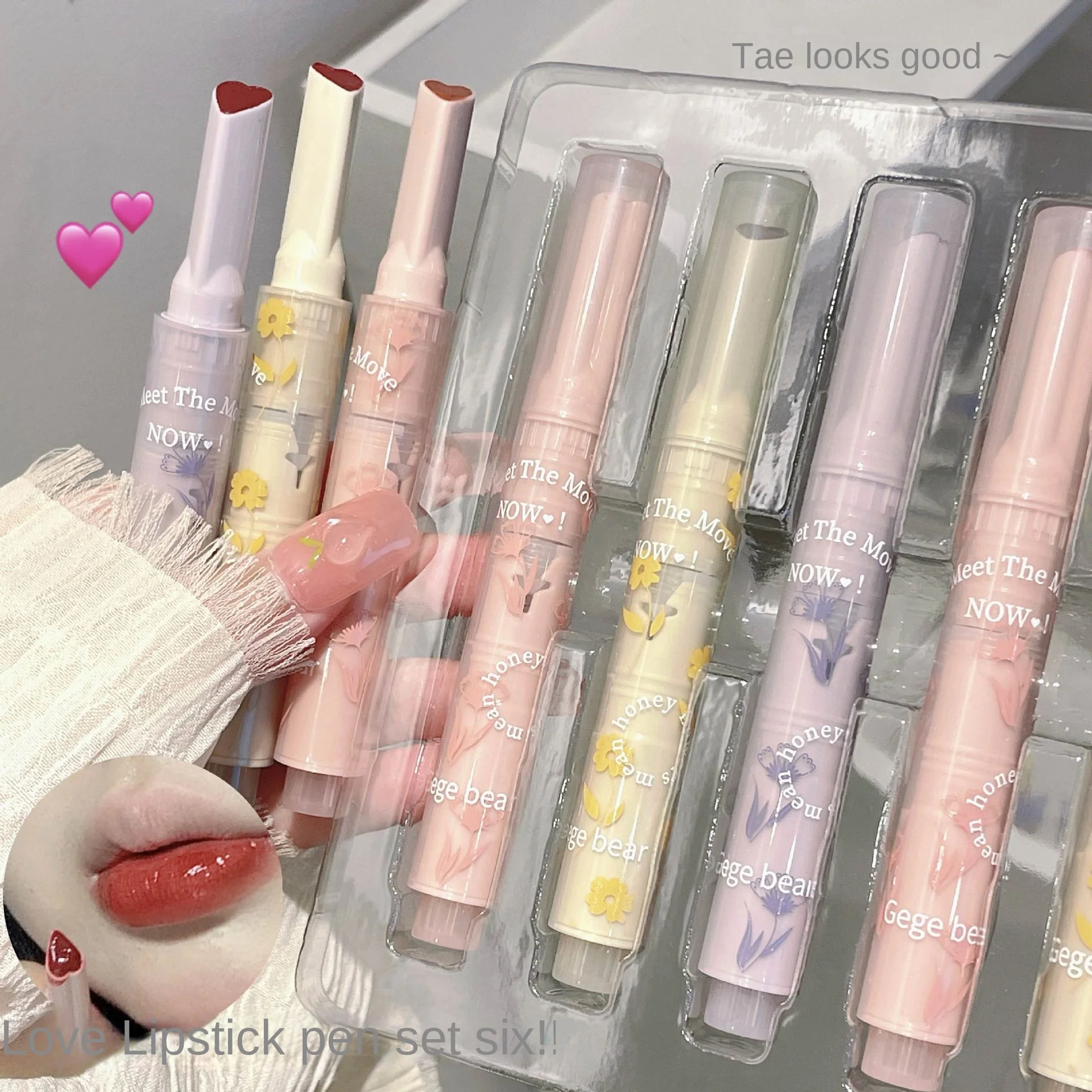 Moisturizing Lipstick Set Mirror Aqua Jelly Love Korean Makeup Long Lasting Lip Balm Lip Tint Gloss 6pcs Kit