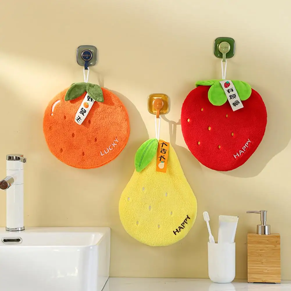 24cm Coral Velvet Hand Towel Soft Absorbent Cartoon Fruit Design With Hanging Rope Quick Drying Household Lazy Hand Wipes Towel