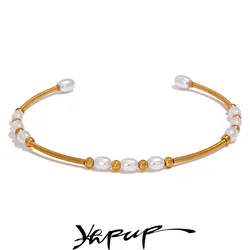 Yhpup Stainless Steel Fashion Imitation Pearl Handmade Open Bracelet Bangle for Women Waterproof Chic Charm Jewelry Bijoux Gift