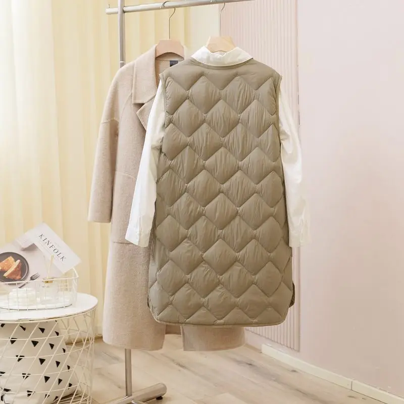Gilet en duvet Du léger et chaud pour femme, gilet matelassé mi-long, blanc 90%, remplissage en duvet, fin, automne et hiver