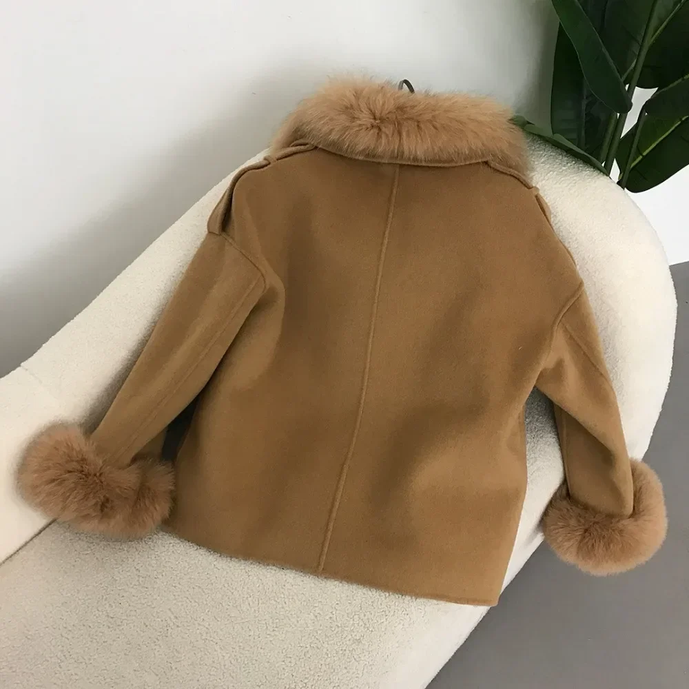 Double-sided Wool Coat Removable Inner Liner 2024 Autumn Winter Plus Fleece Short Fur Jacket Fox Fur Collar Jacket Real Fur Coat