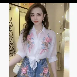 2024 Summer New Office Lady Temperament Sequined Bead Embroidered 3D Flower Chiffon Sun Protetion Casual Half-sleeved Shirt