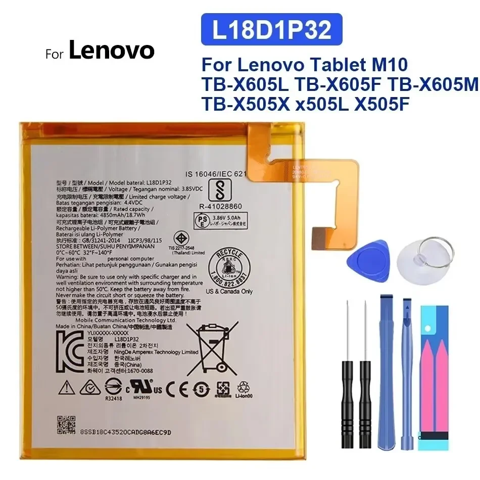 4850mAh-5000mAh Battery L19D1P32 L18D1P32 For Lenovo Tab M10 TB-X505X X505L X505F TB-X605L TB-X605F TB-X605M TB-X505X