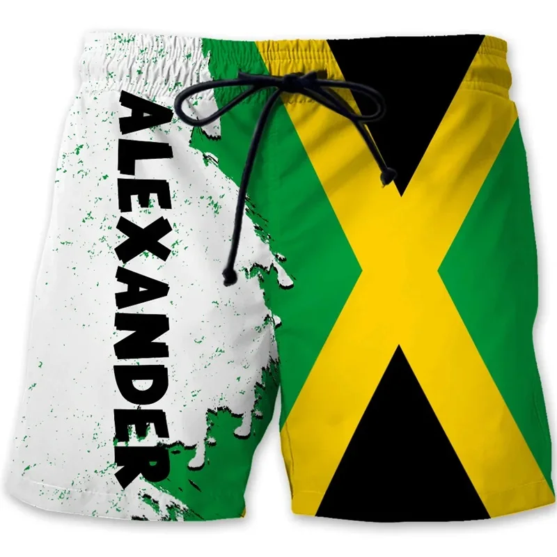 Calções de praia com estampa 3D da bandeira jamaicana masculina, calção de gelo havaiano, gráfico emblema do leão, verão